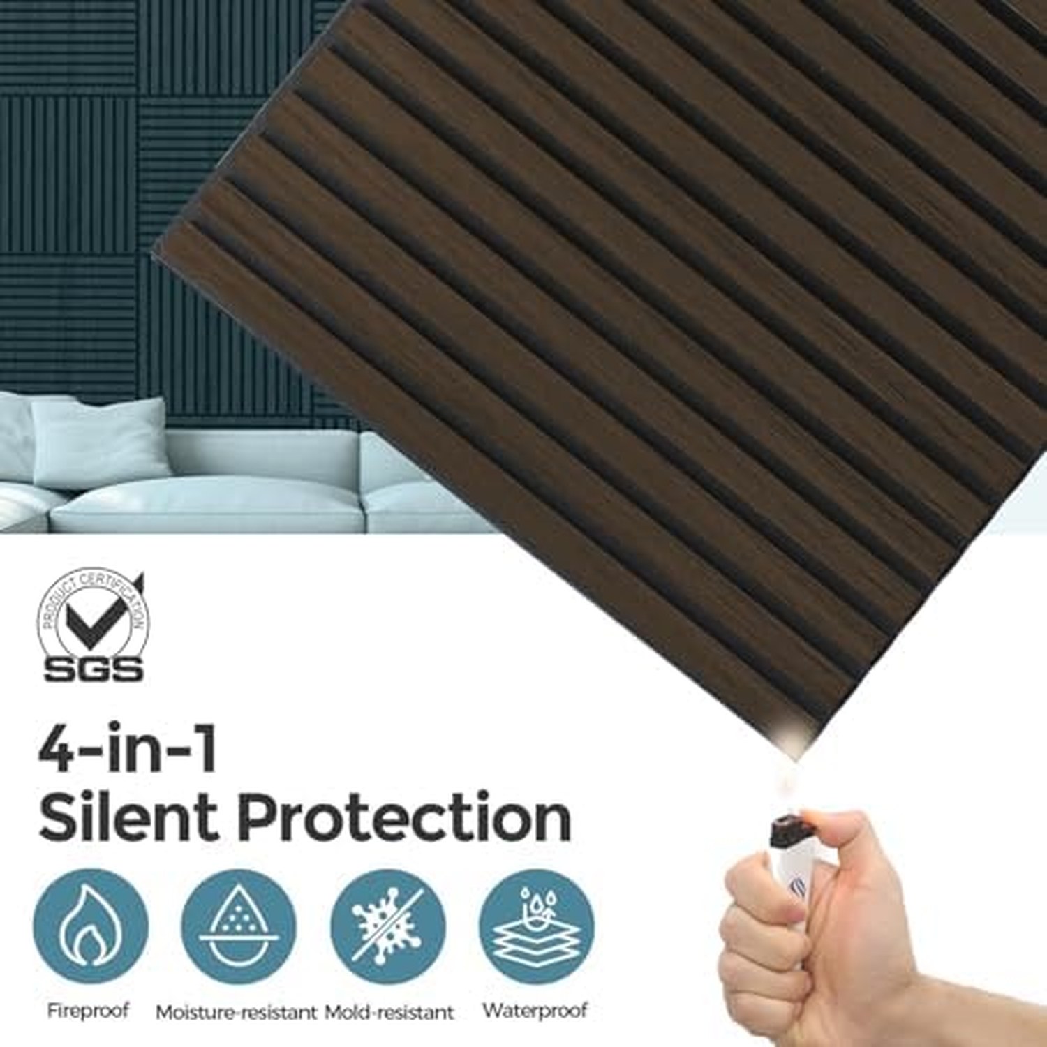 AKUMAX 4 Pack Extra Thick Contemporary Acoustic Wood Slat Wall Panels - Black Walnut, 60x60cm — image 3