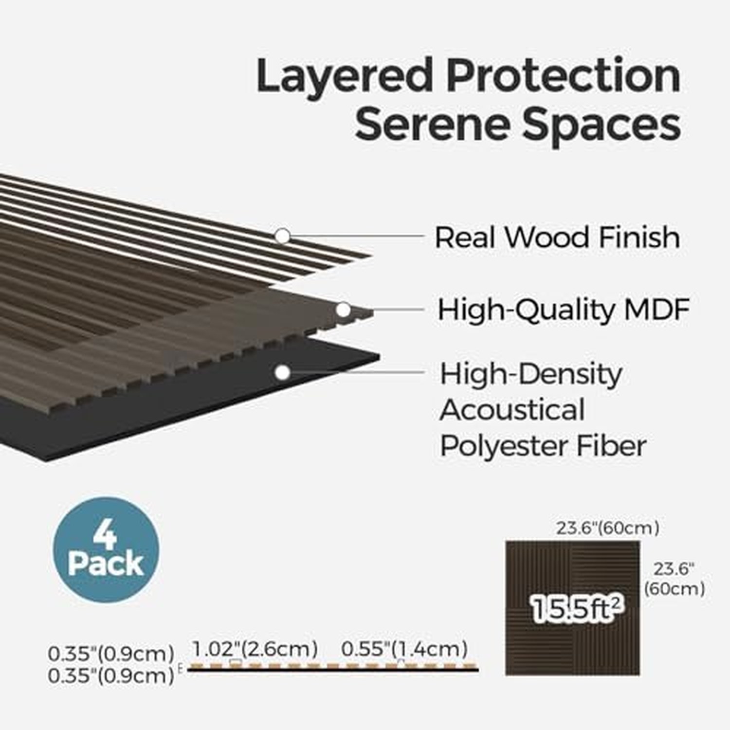 AKUMAX 4 Pack Extra Thick Contemporary Acoustic Wood Slat Wall Panels - Black Walnut, 60x60cm — image 4