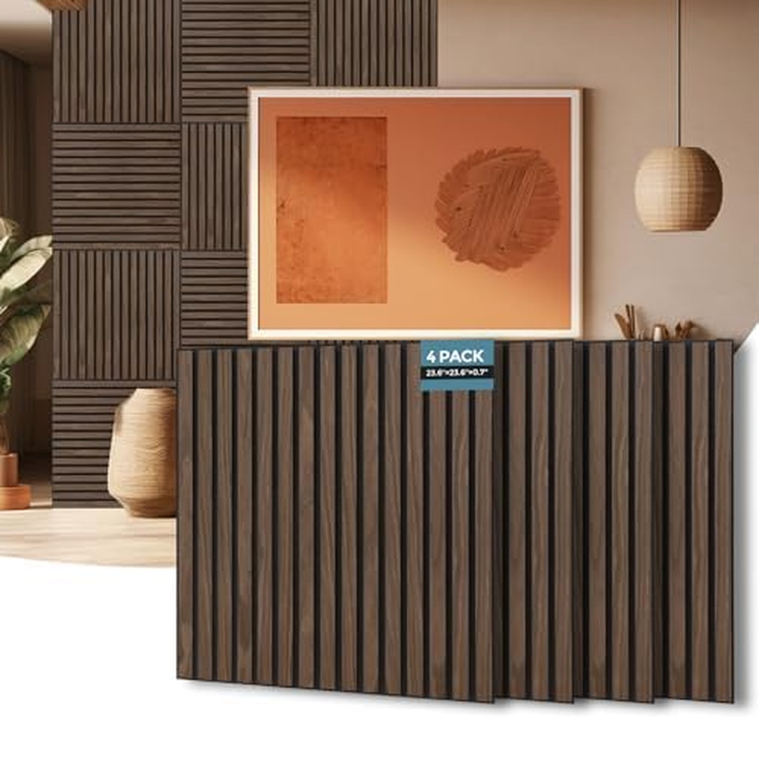 AKUMAX 4 Pack Extra Thick Contemporary Acoustic Wood Slat Wall Panels - Black Walnut, 60x60cm