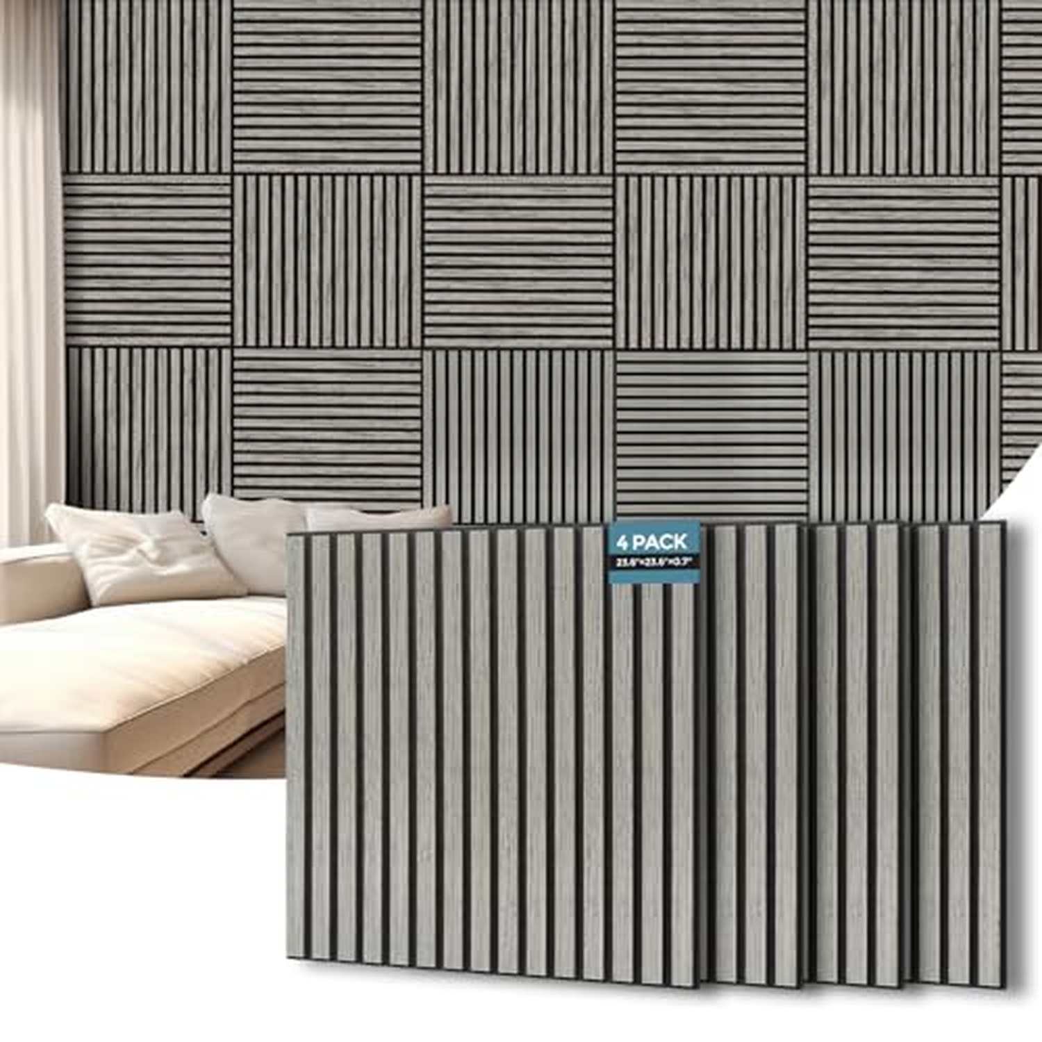 AKUMAX 4 Pack Extra Thick Contemporary Acoustic Wood Slat Wall Panels - Siner Oak, 60x60cm