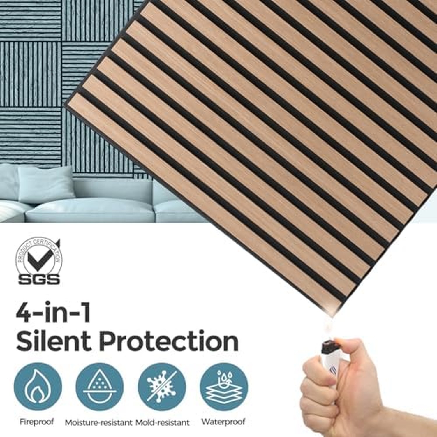 AKUMAX 4 Pack Extra Thick Contemporary Acoustic Wood Slat Wall Panels - Teak, 60x60cm — image 3