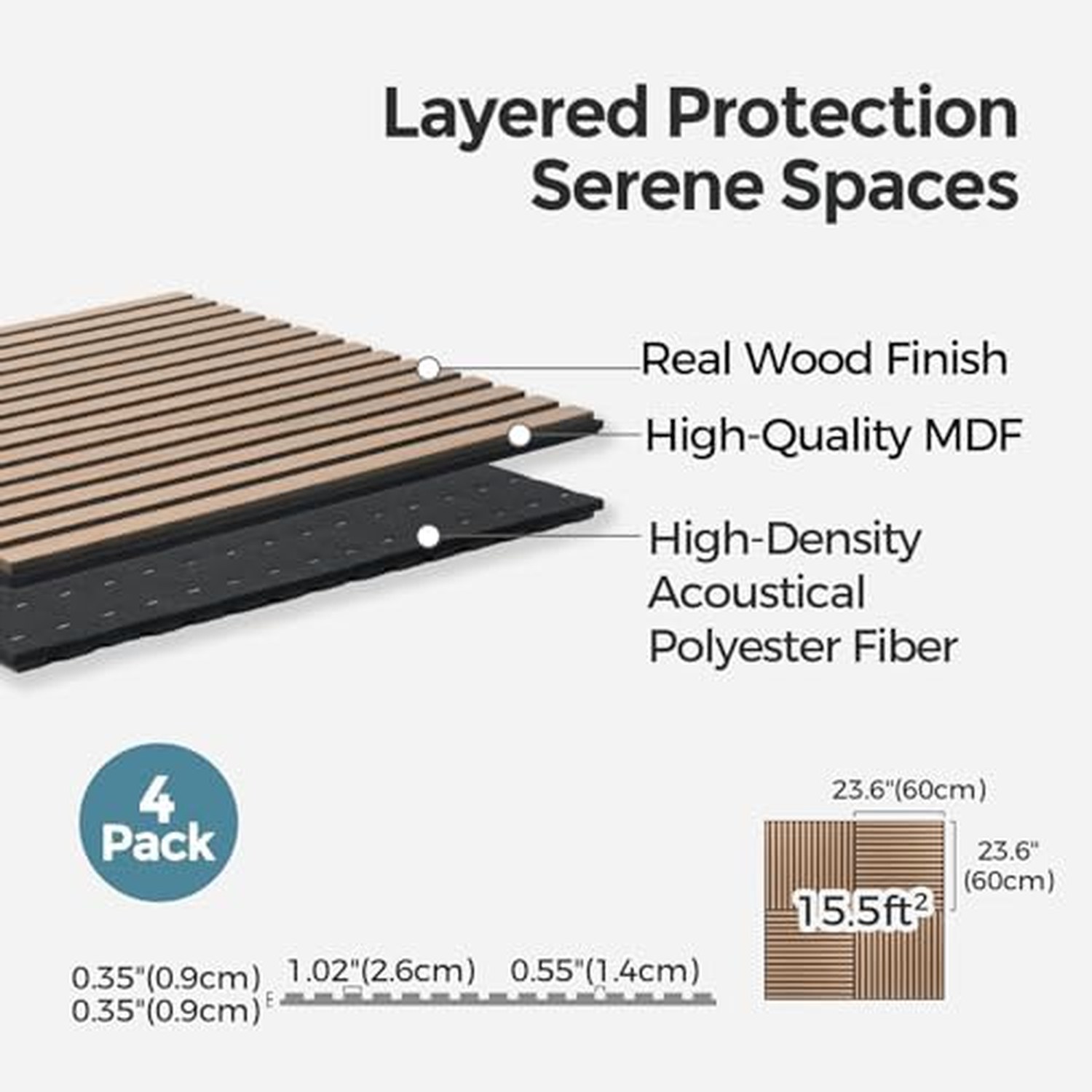AKUMAX 4 Pack Extra Thick Contemporary Acoustic Wood Slat Wall Panels - Teak, 60x60cm — image 4