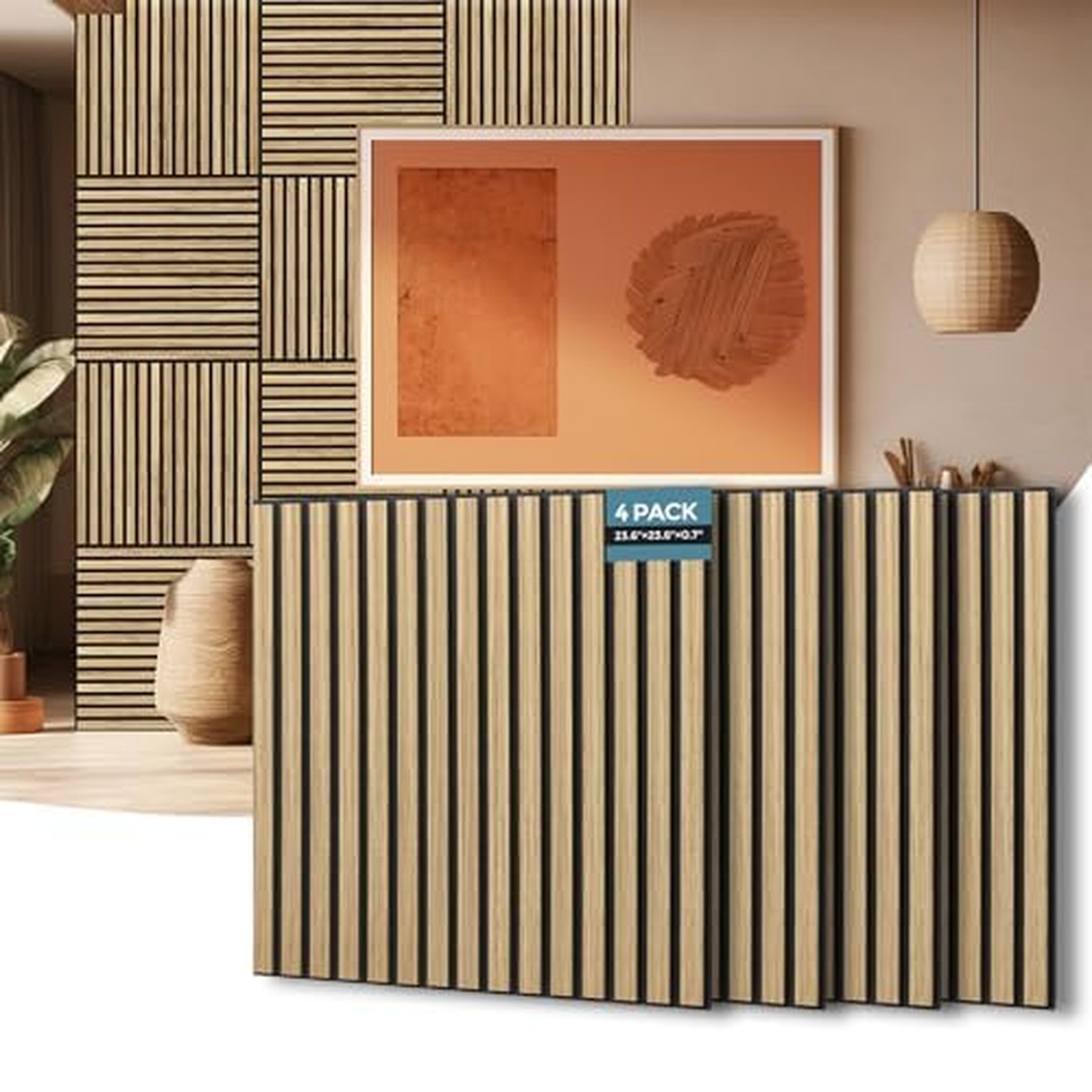 AKUMAX 4 Pack Extra Thick Contemporary Acoustic Wood Slat Wall Panels - Teak, 60x60cm