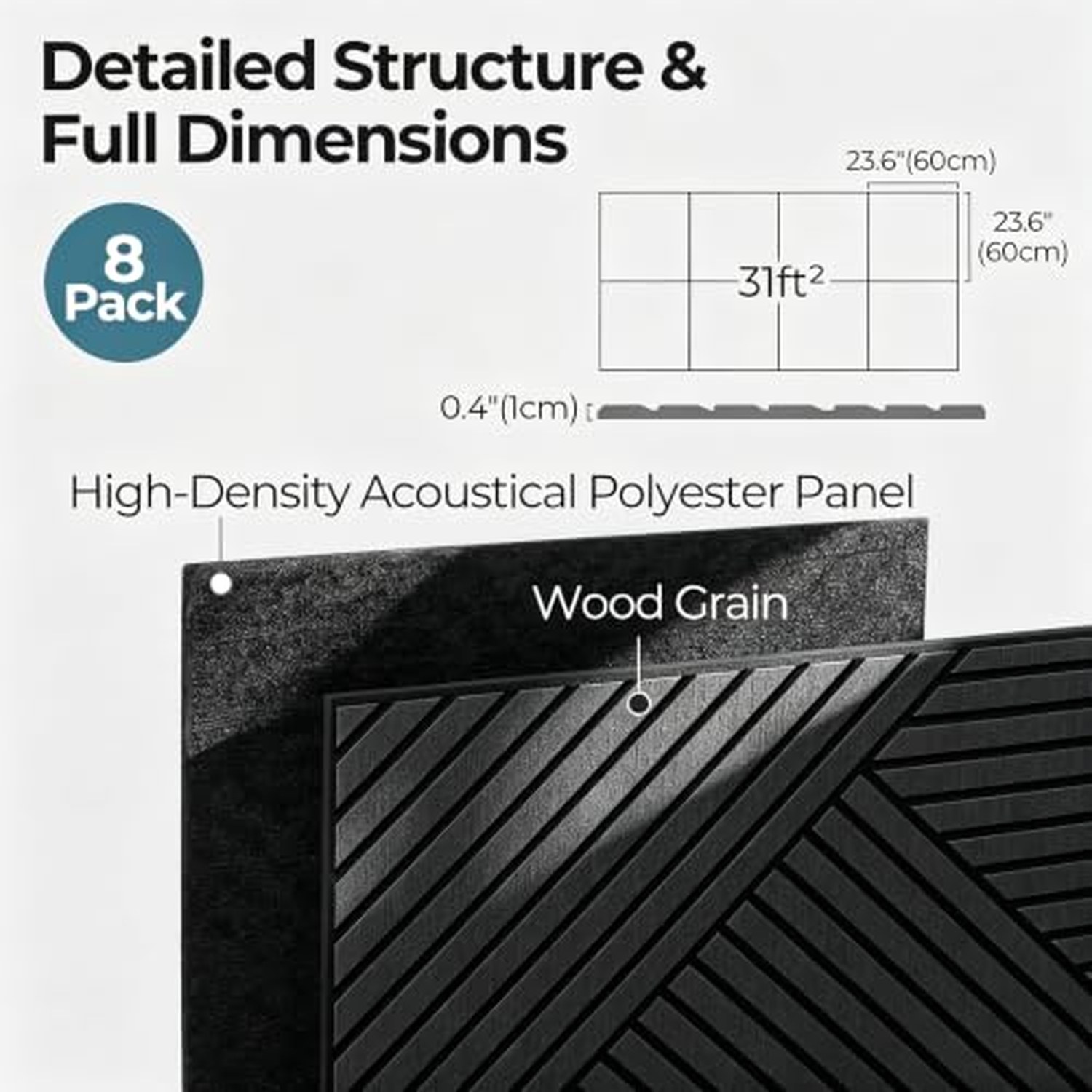 AKUMAX Self-Adhesive Soundproof Wood Wall Panels - Gray, 8-Pack, 60x60cm — image 3