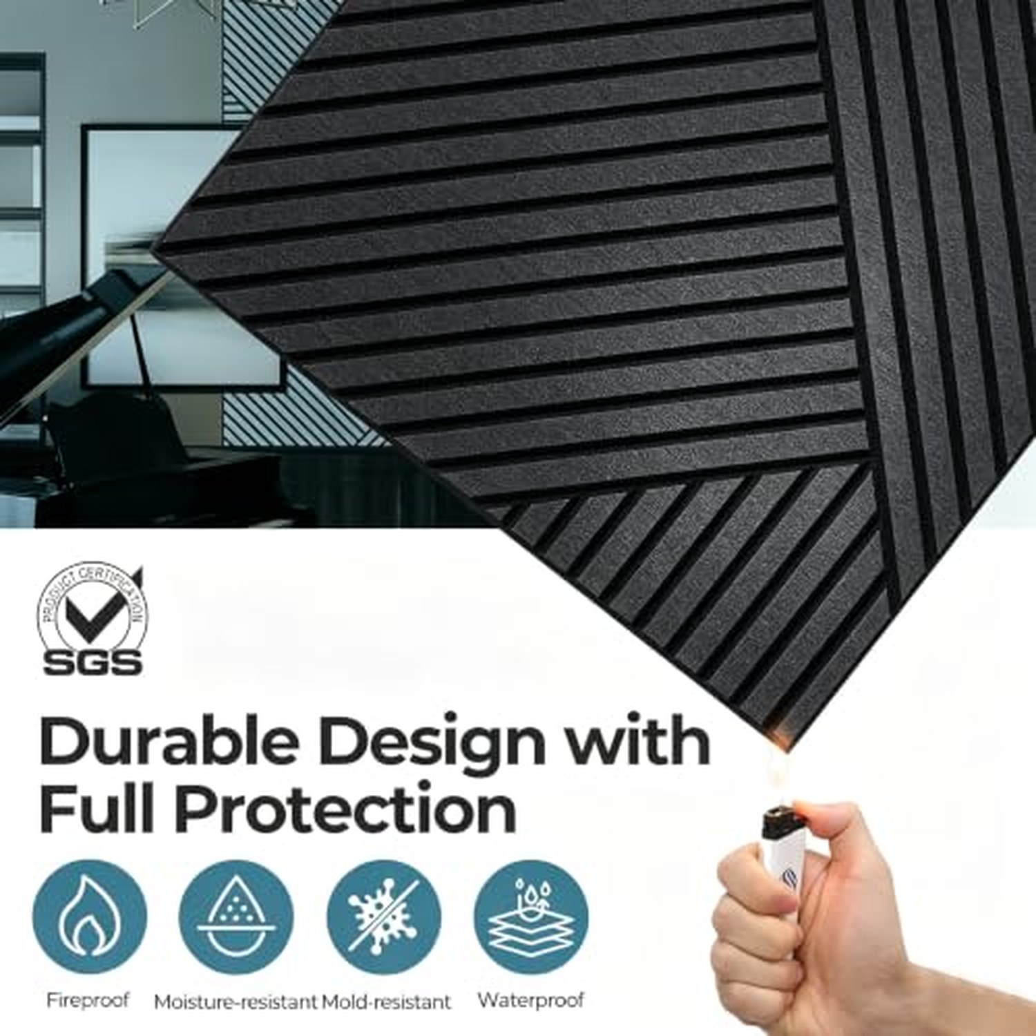 AKUMAX Self-Adhesive Soundproof Wood Wall Panels - Gray, 8-Pack, 60x60cm — image 5