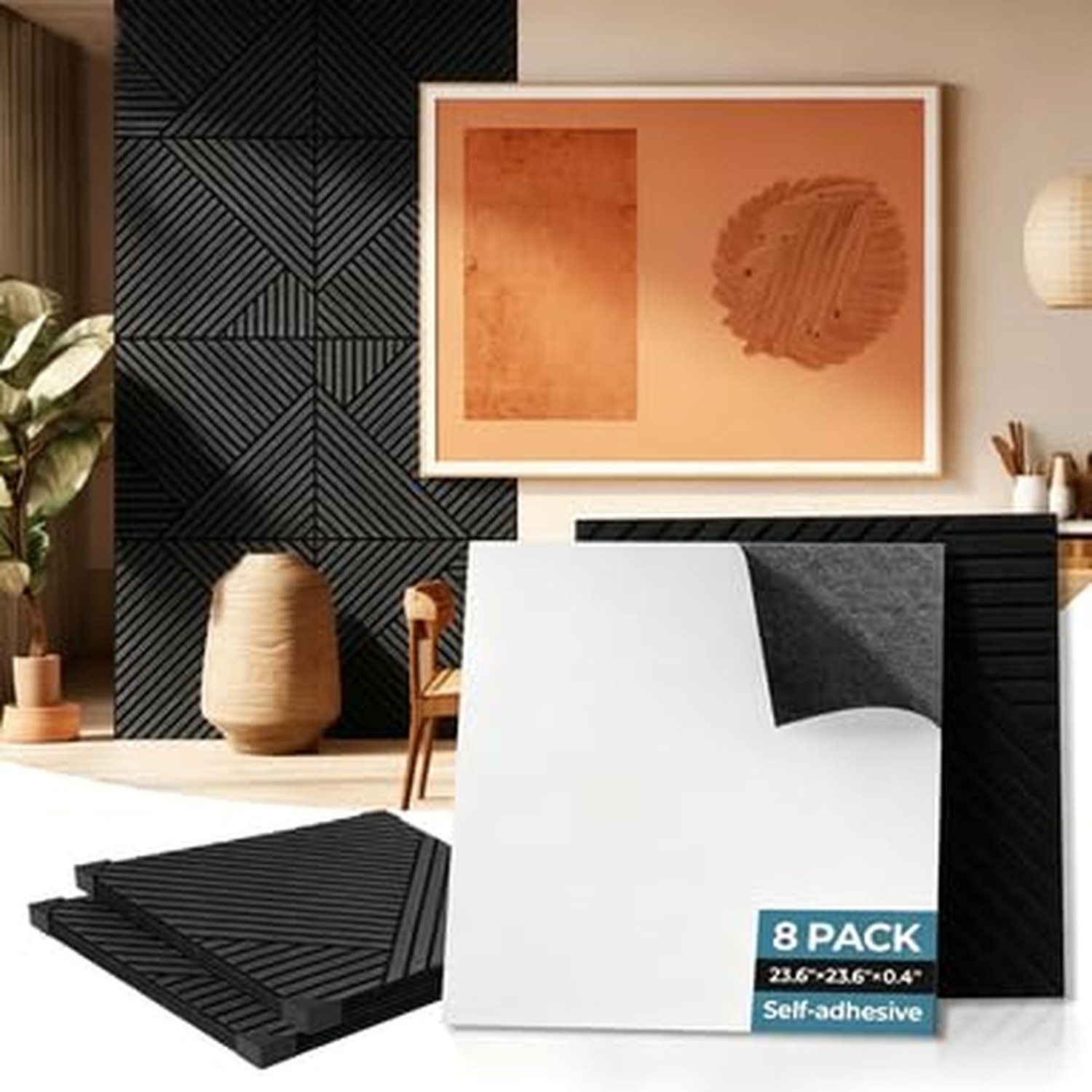 AKUMAX Self-Adhesive Soundproof Wood Wall Panels - Gray, 8-Pack, 60x60cm