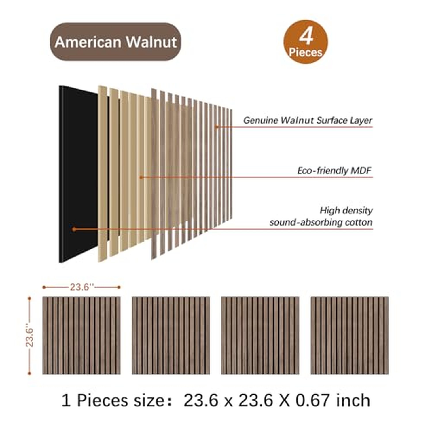 ARMURO Wood Slat Wall Panel - Walnut, 4 PCS, 23.6x23.6in — image 2