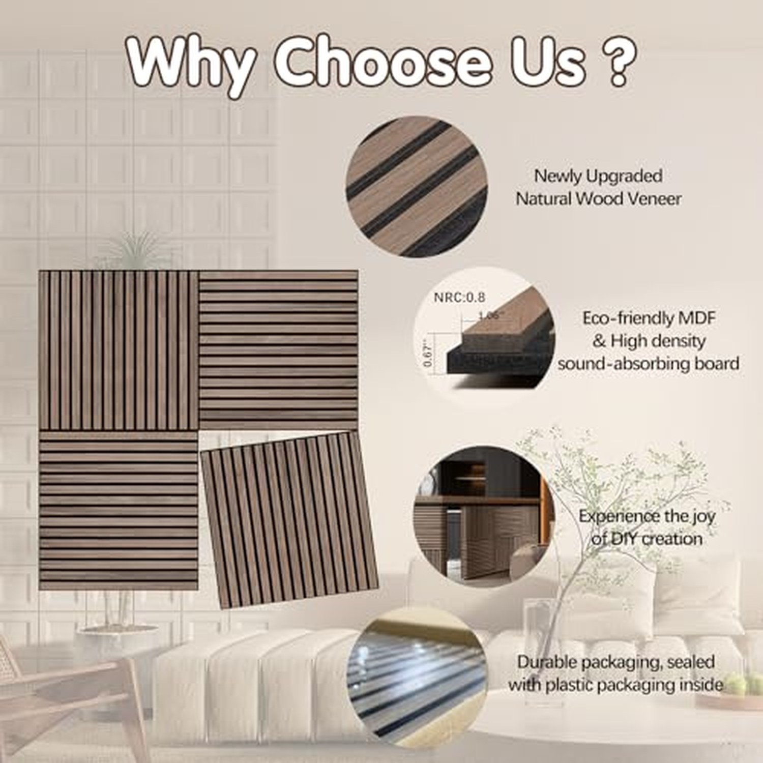 ARMURO Wood Slat Wall Panel - Walnut, 4 PCS, 23.6x23.6in — image 3