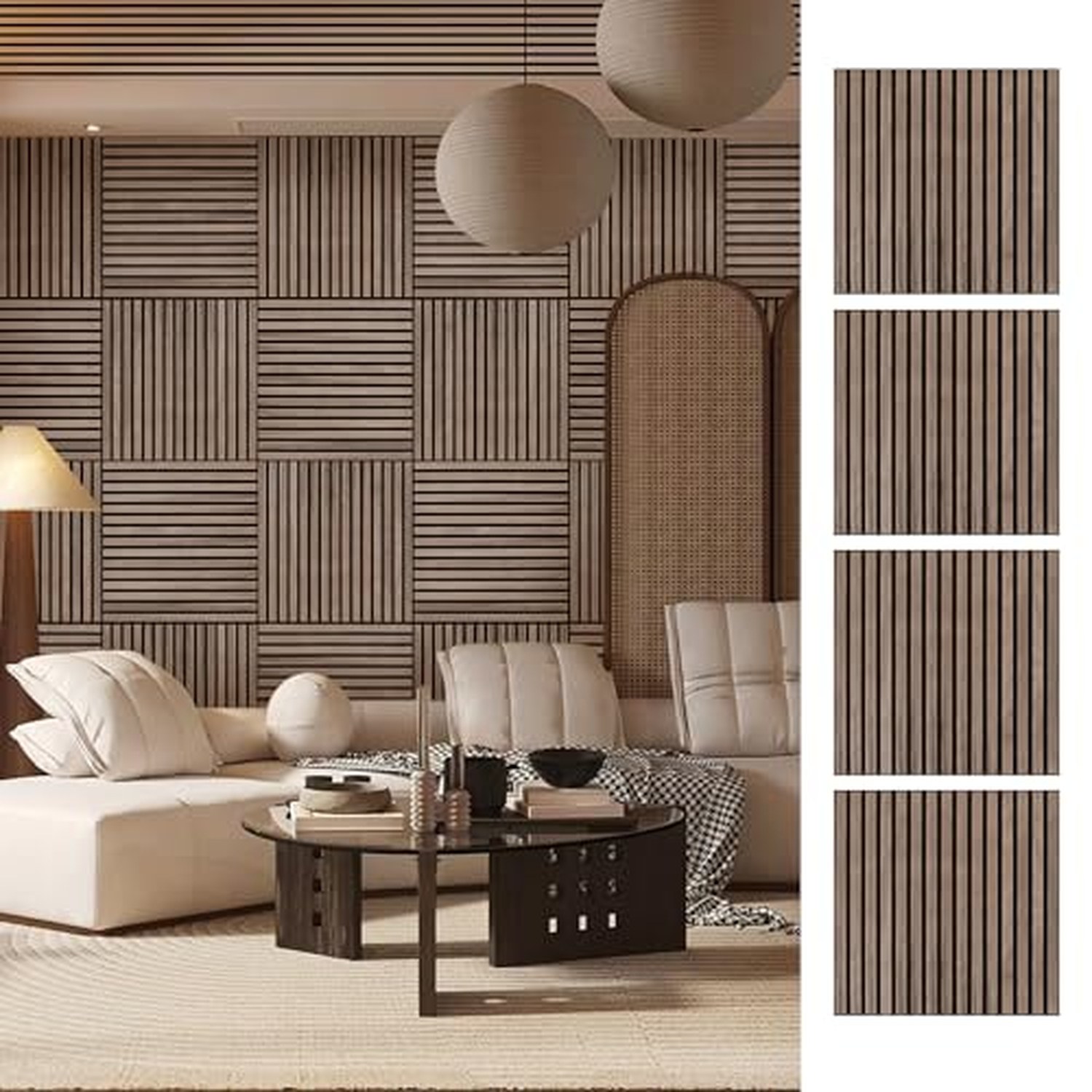 ARMURO Wood Slat Wall Panel - Walnut, 4 PCS, 23.6x23.6in