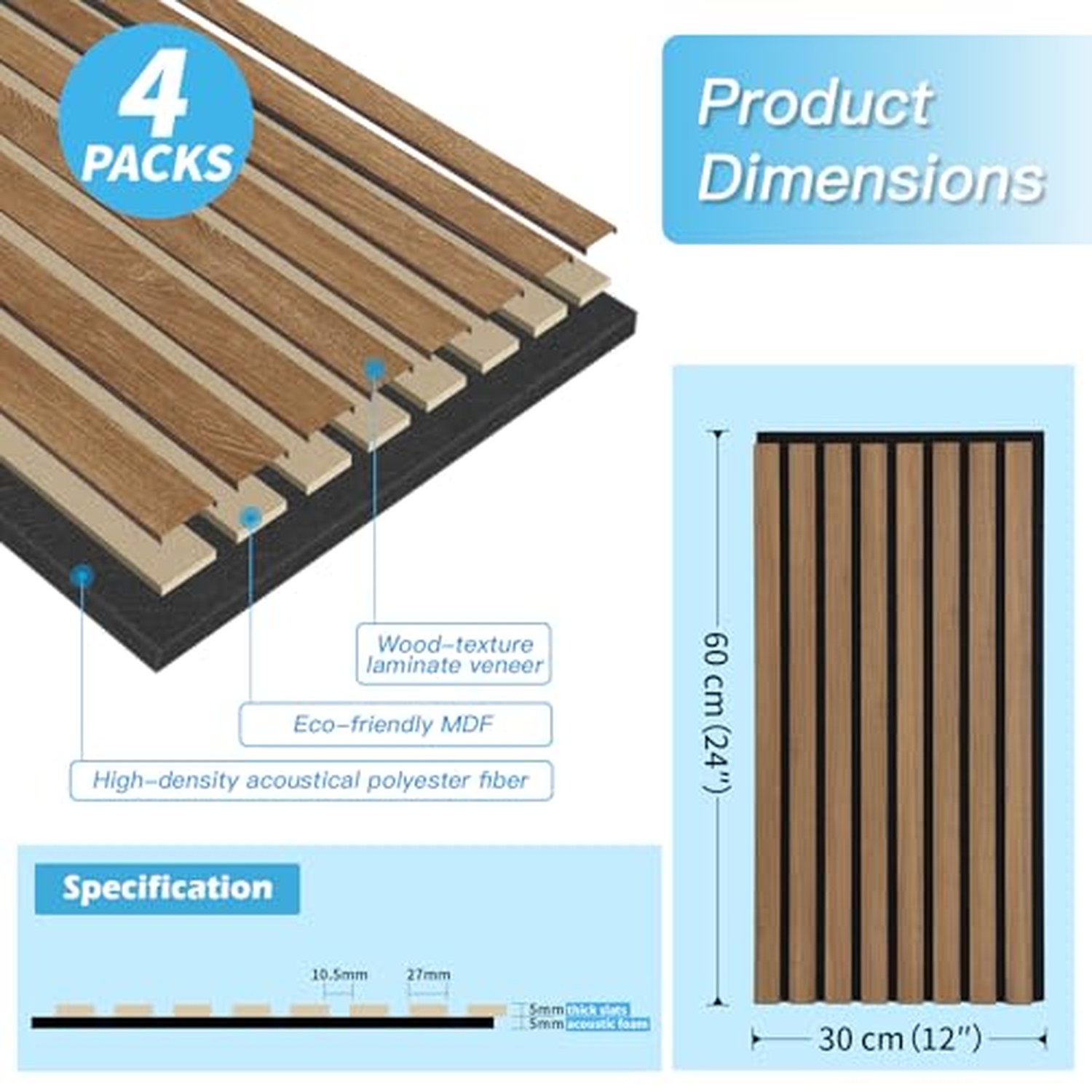 Art3d 4-Pack Acoustic Wood Slat Wall Panels, Fluted - Dark Walnut, 23.6x11.8in — image 3