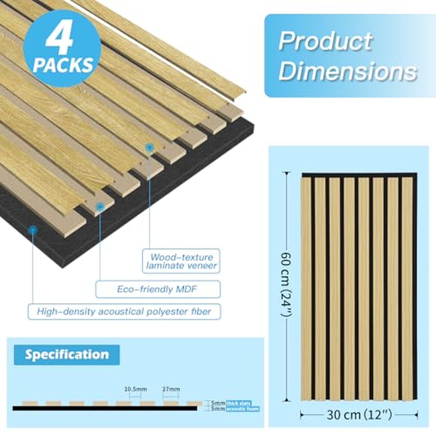 Art3d 4-Pack Acoustic Wood Slat Wall Panels, Fluted - Oak, 23.6x11.8in — image 3