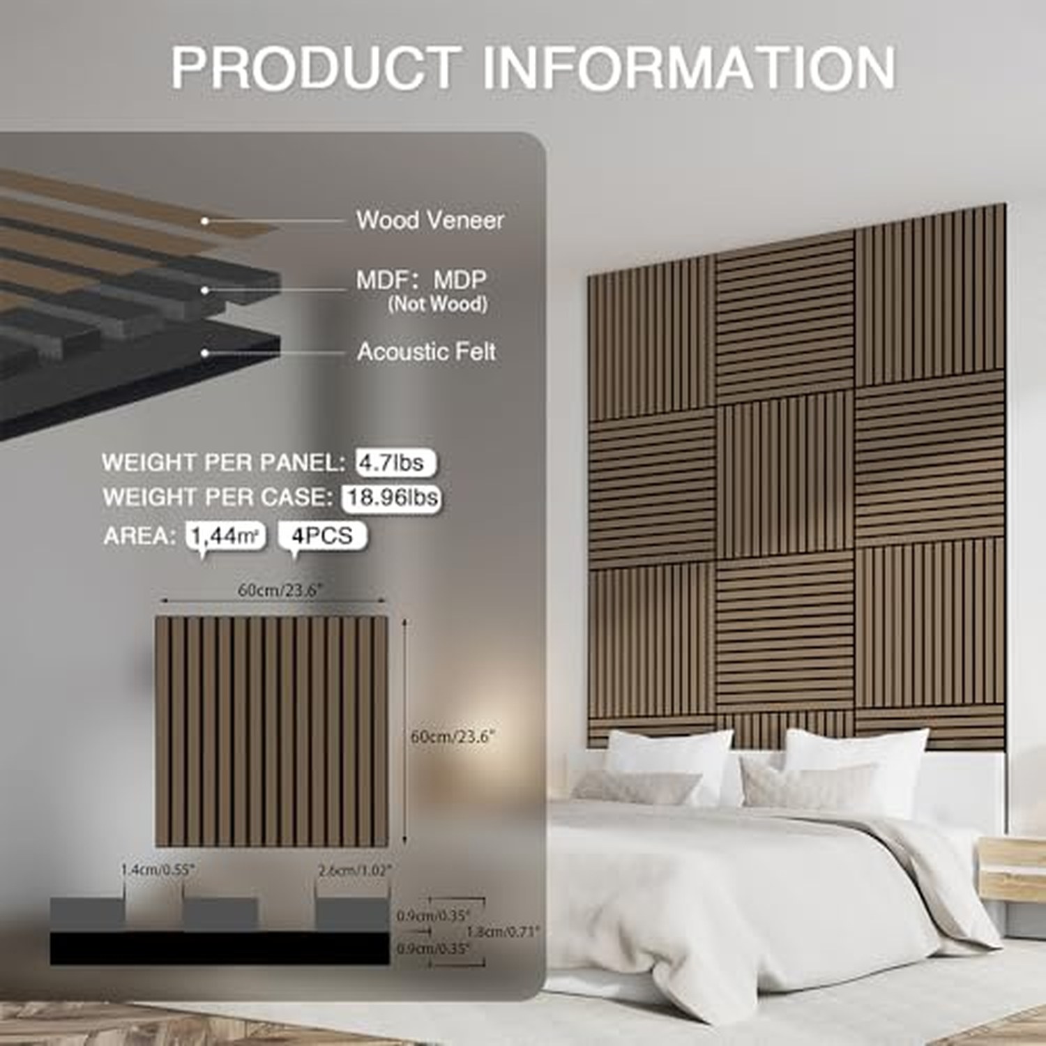 Folding Wooden Slat Acoustic Wall Panel, 2400x600mm - Brown — image 3