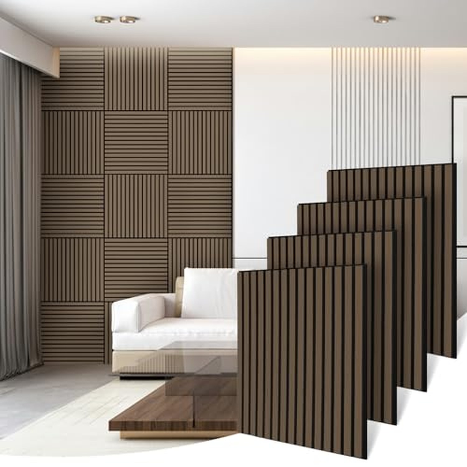 Folding Wooden Slat Acoustic Wall Panel, 2400x600mm - Brown